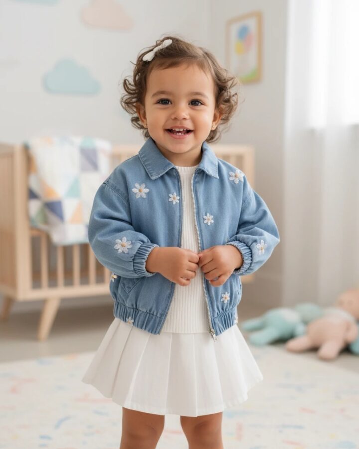 Daisy Denim Jacket with White Top and Pleated Skirt