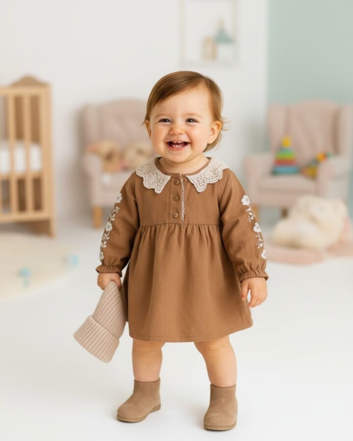 Caramel Dress with Crochet Lace Collar and Floral Sleeves