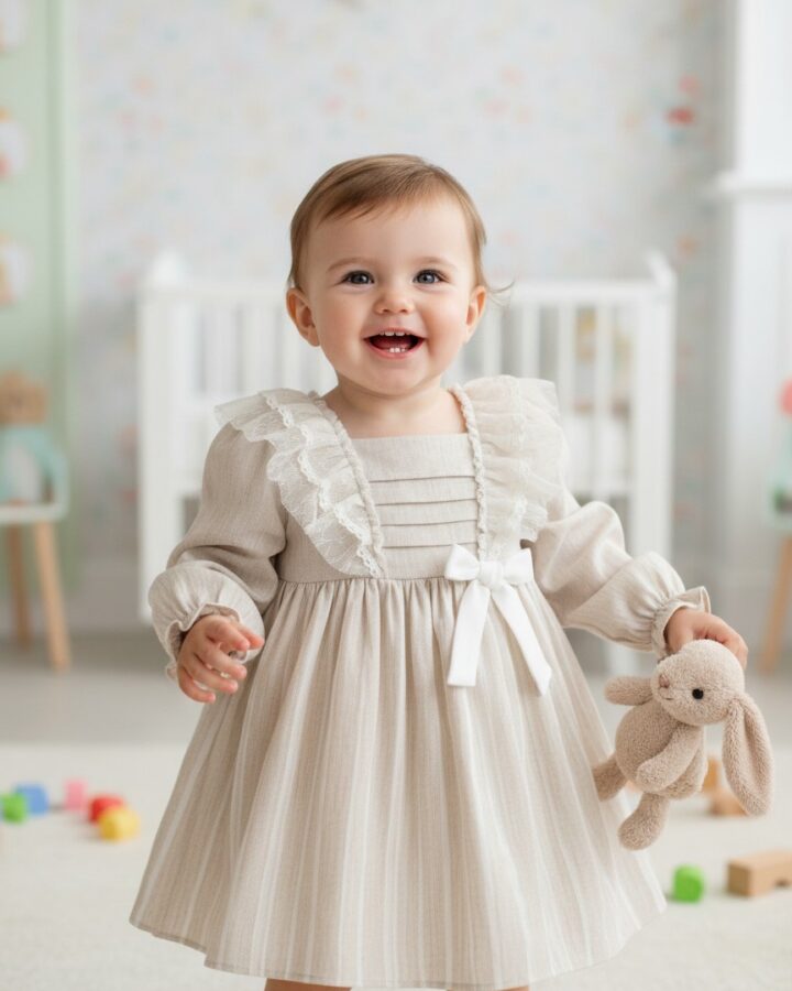Beige Striped Dress with Lace Ruffles and Bow