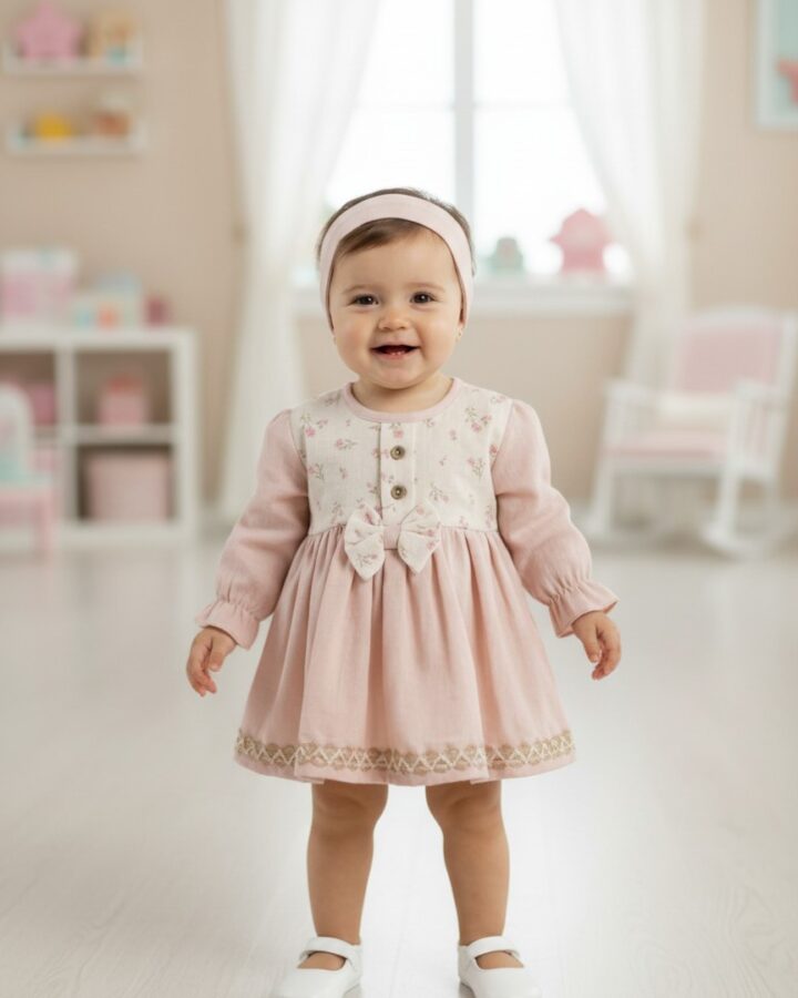 Pink Dress with Floral Bodice, Bow and Headband