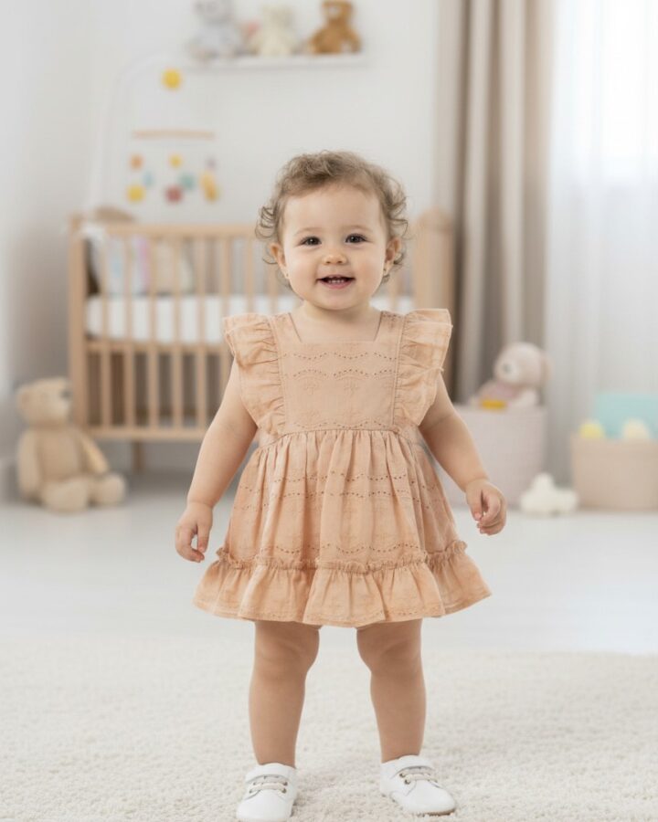 Peach Eyelet Dress with Ruffle Sleeves