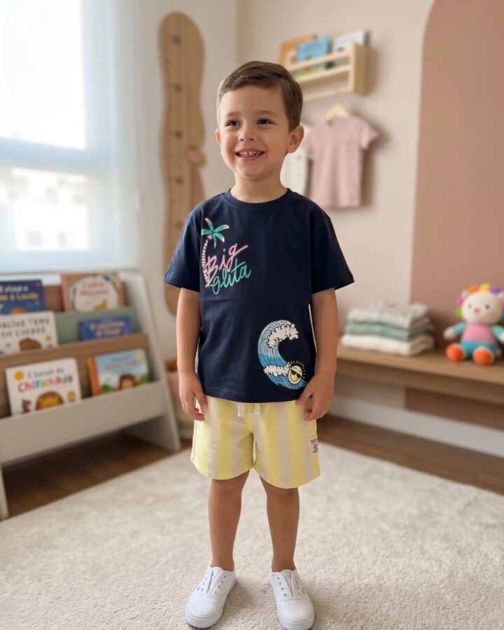 Navy Wave Print T-Shirt with Yellow Striped Short