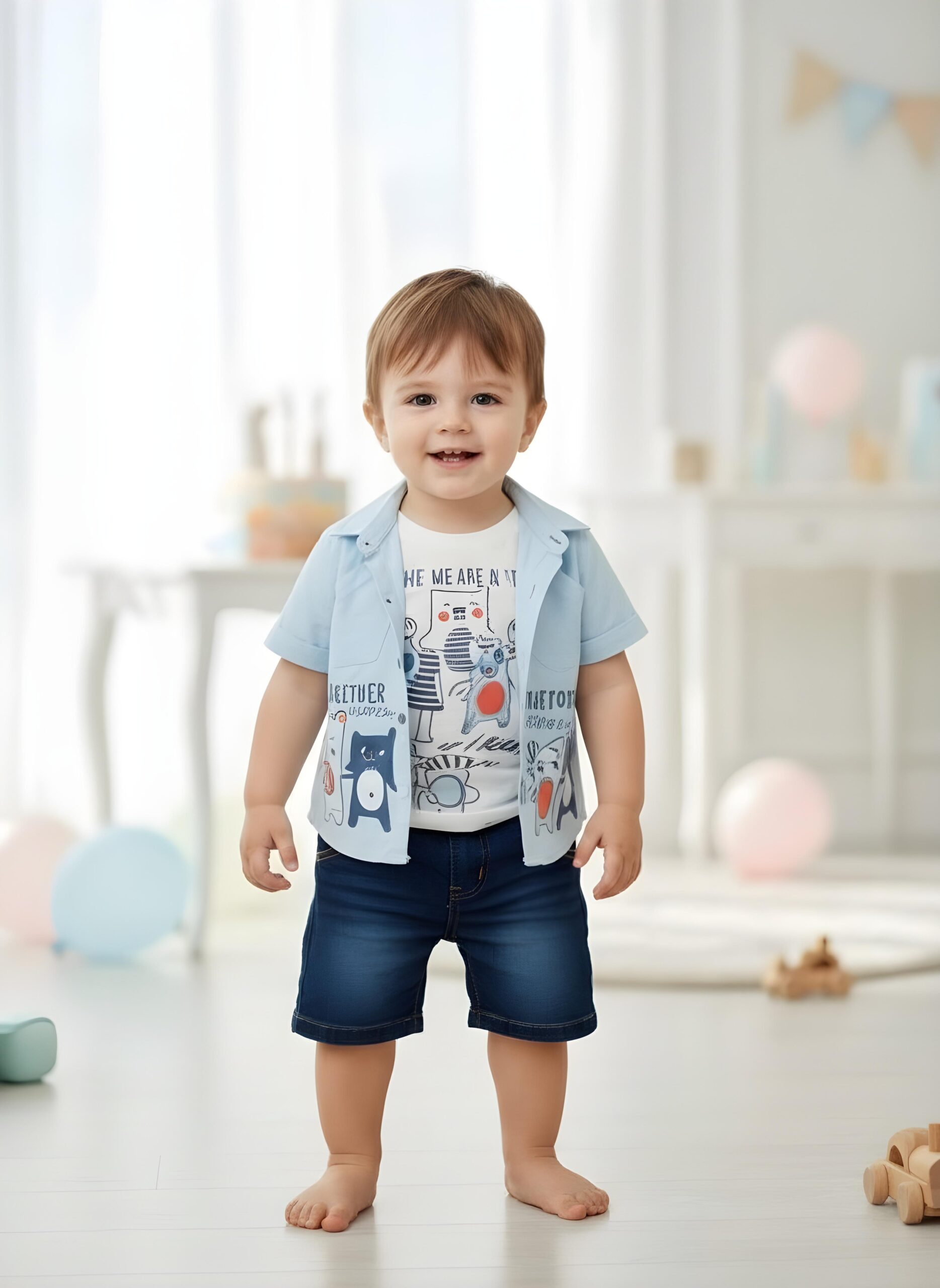 Together Light Blue Shirt with White T-Shirt & Jeans Short