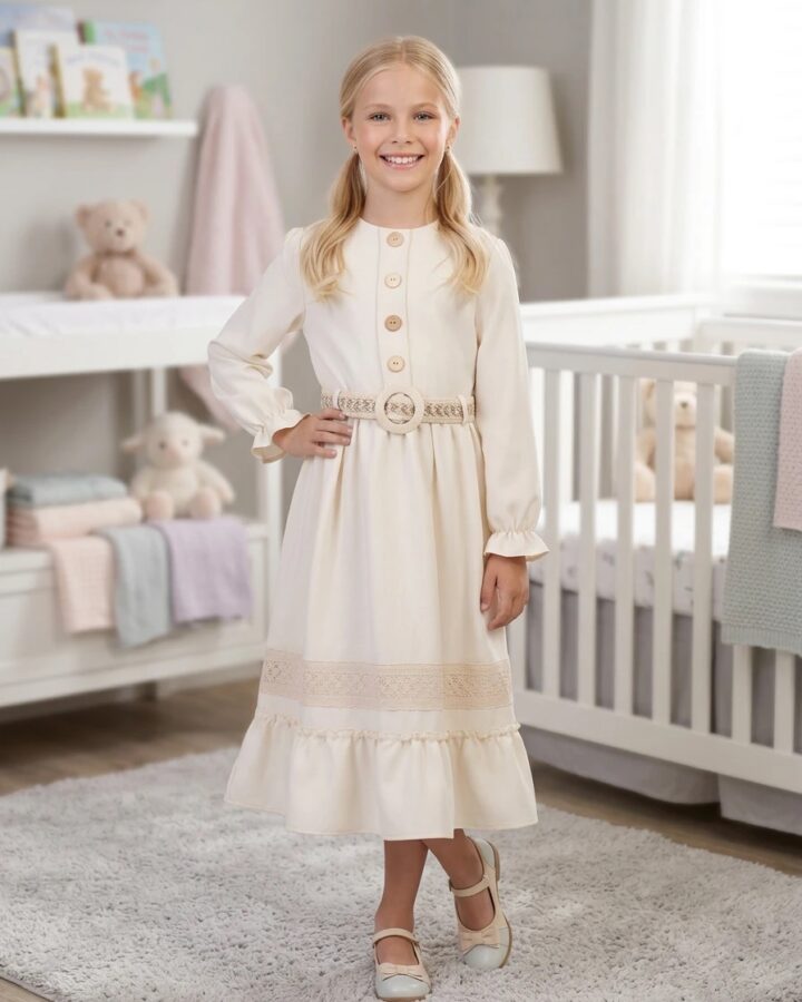 Cream Midi Dress with Wooden Buttons, Woven Belt and Lace Trim
