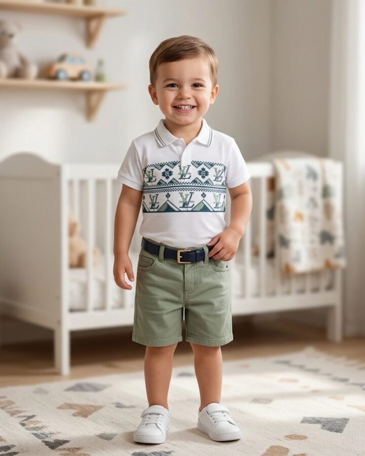 White Polo T-Shirt with Patterned Band and Green Short